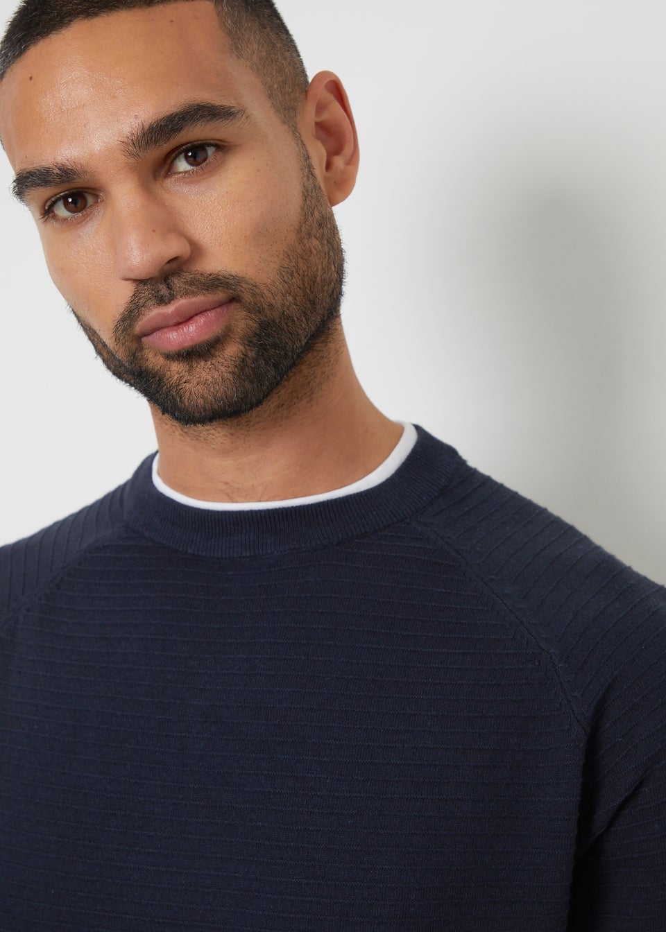 Threadbare Navy Textured Mock T-Shirt Crew Neck Jumper