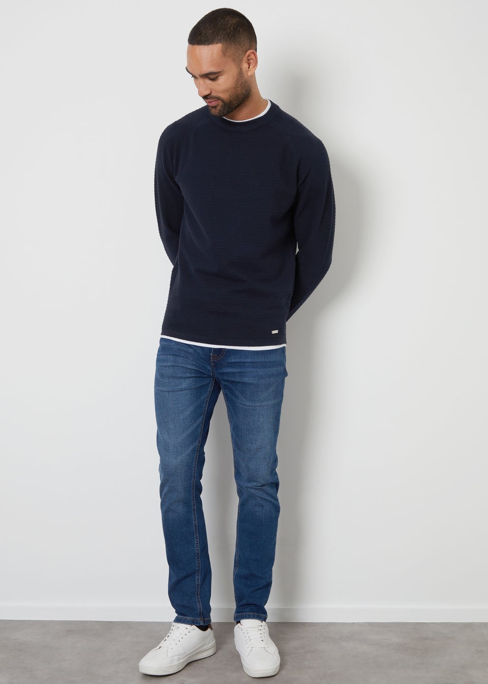 Threadbare Navy Textured Mock T-Shirt Crew Neck Jumper