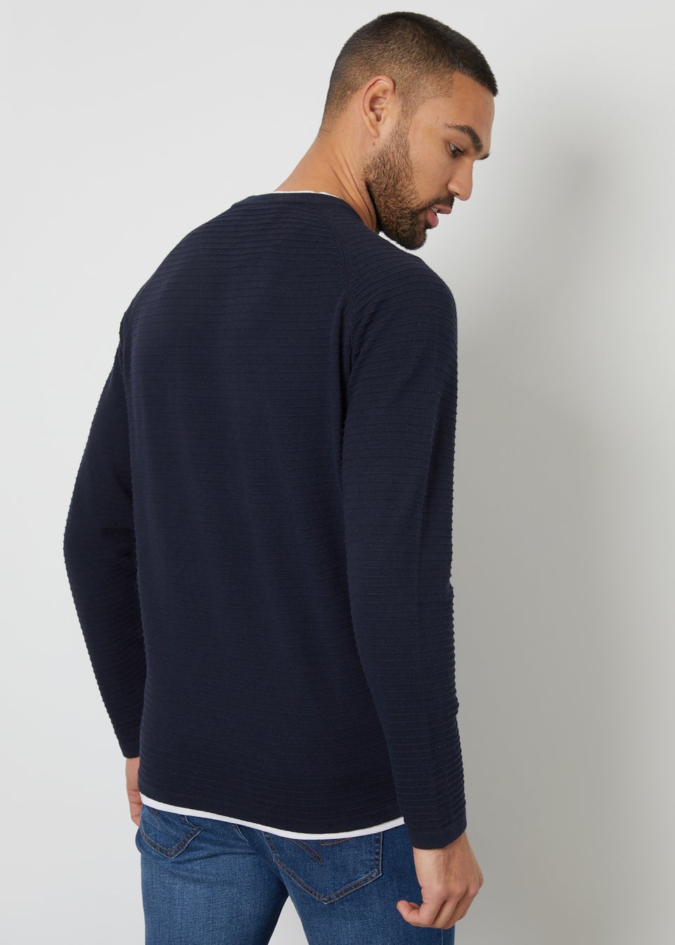 Threadbare Navy Textured Mock T-Shirt Crew Neck Jumper