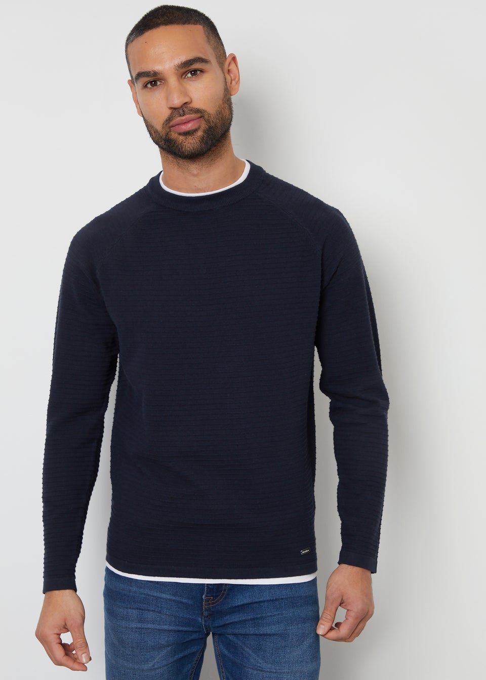 Threadbare Navy Textured Mock T-Shirt Crew Neck Jumper