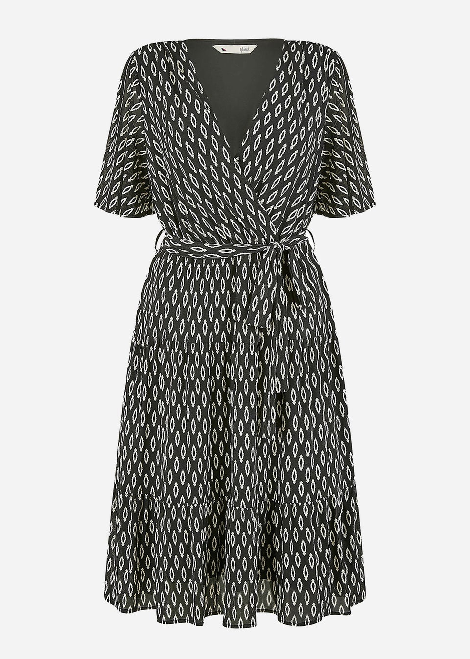Yumi Black Geo Print Mesh Stretch Midi Skater Dress