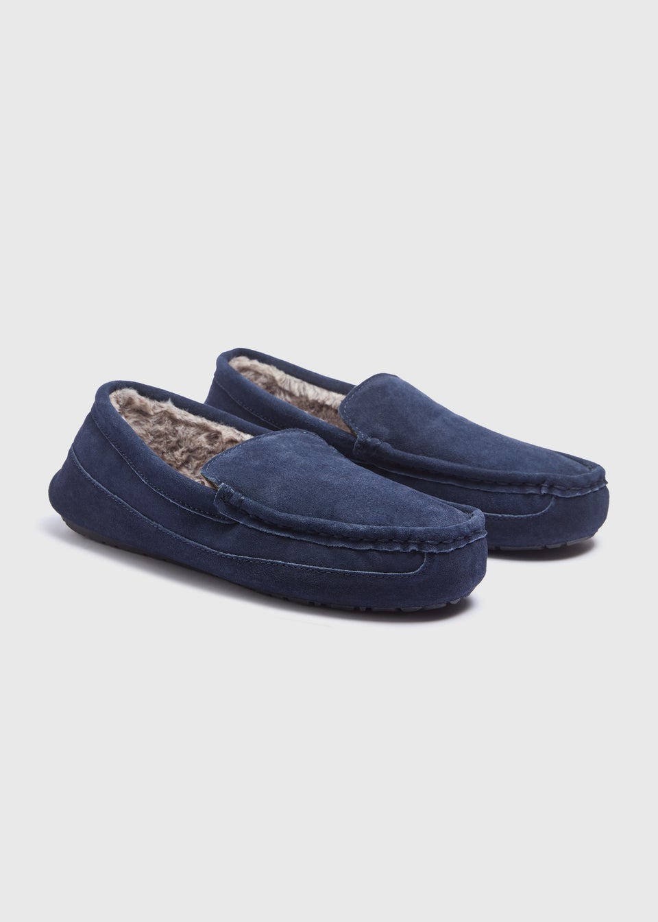 Navy Faux Suede Fur Moccasin Slippers