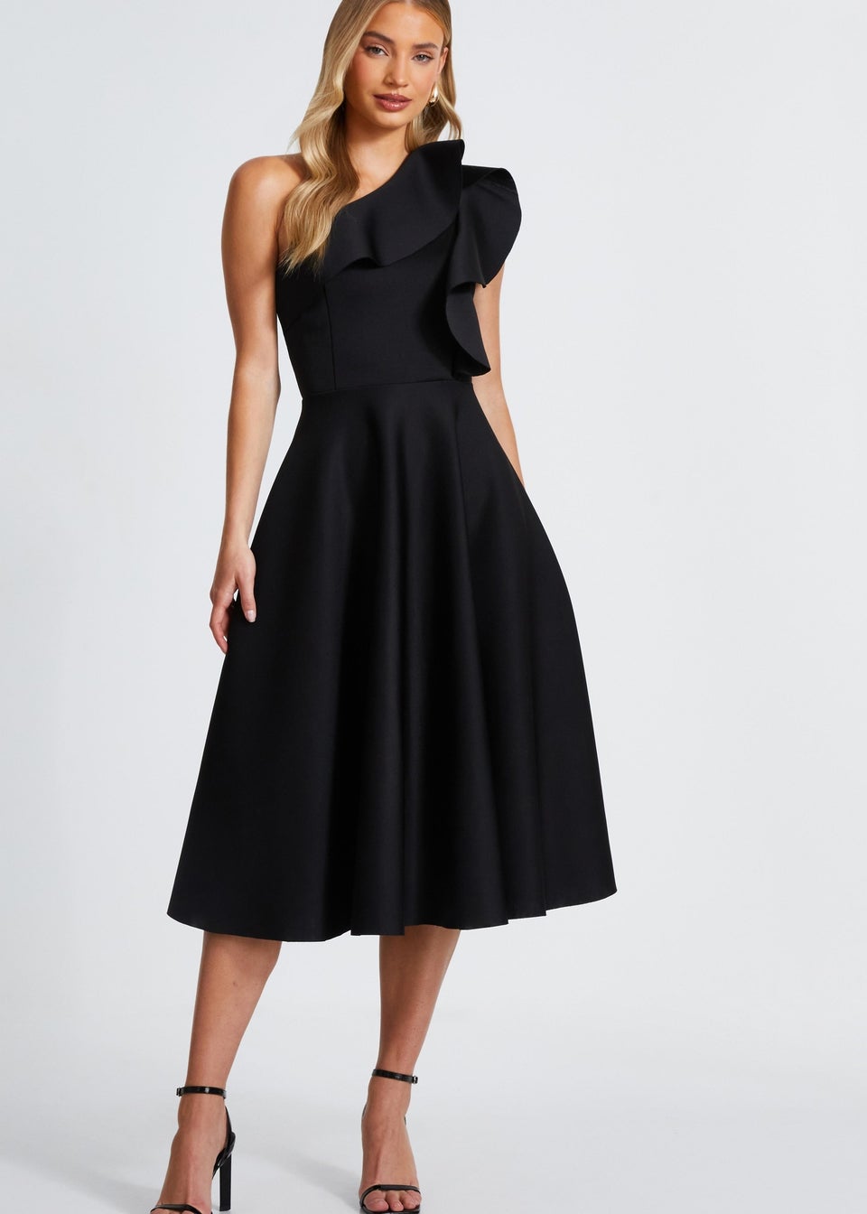 Quiz Black One Shoulder Frill Skater Dress