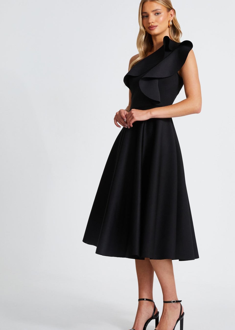 Quiz Black One Shoulder Frill Skater Dress