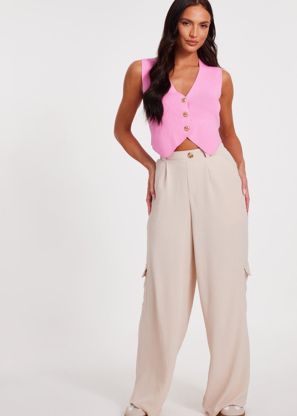 Quiz Pink Knitted Button Front Waistcoat
