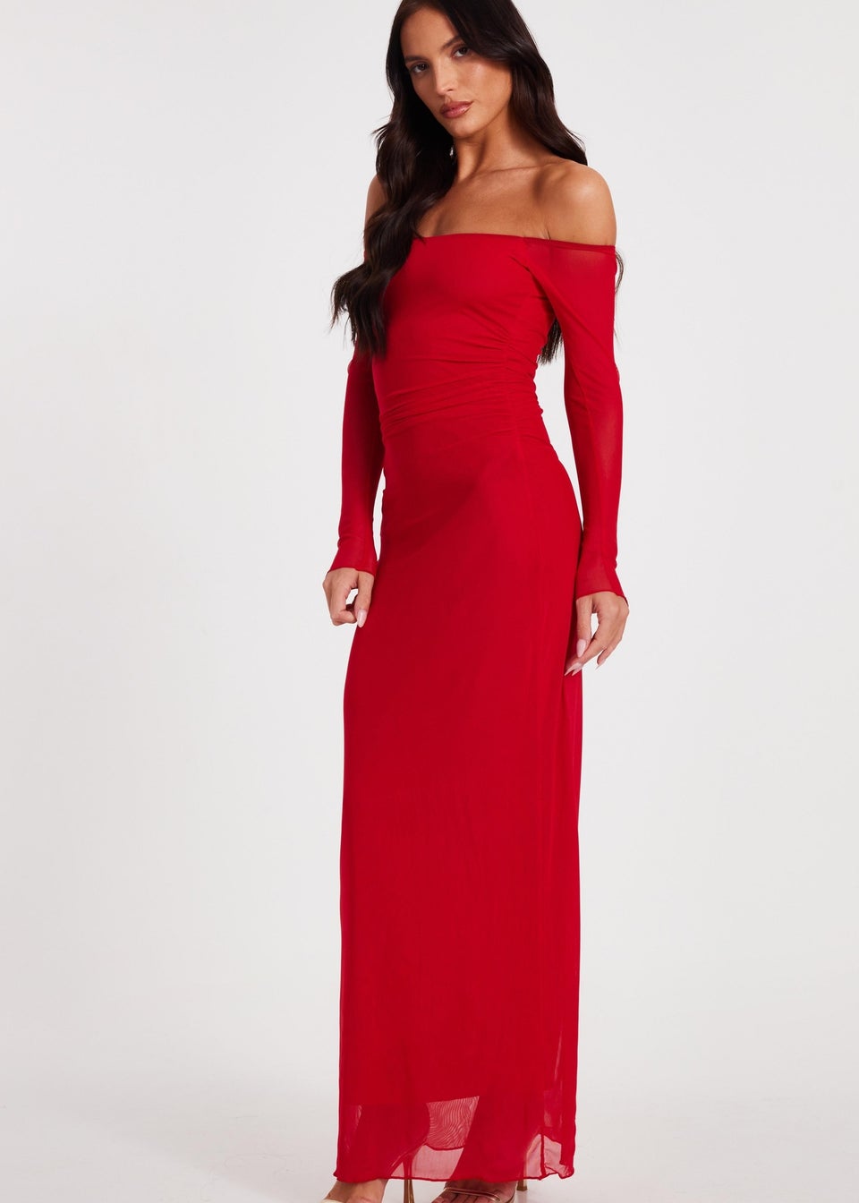 Quiz Red Bardot Mesh Midaxi Dress