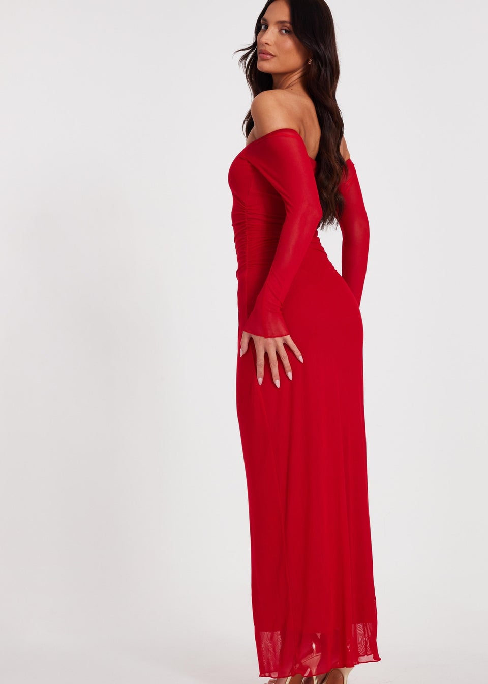 Quiz Red Bardot Mesh Midaxi Dress