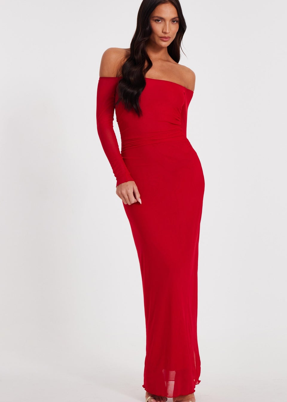 Quiz Red Bardot Mesh Midaxi Dress