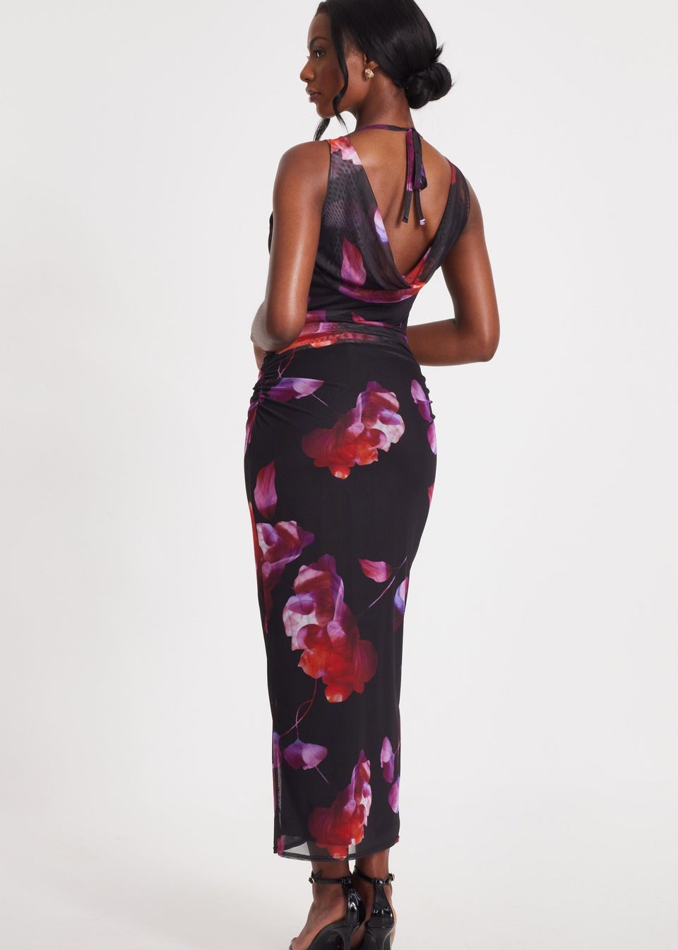 Quiz Black Mesh Floral Midaxi Dress
