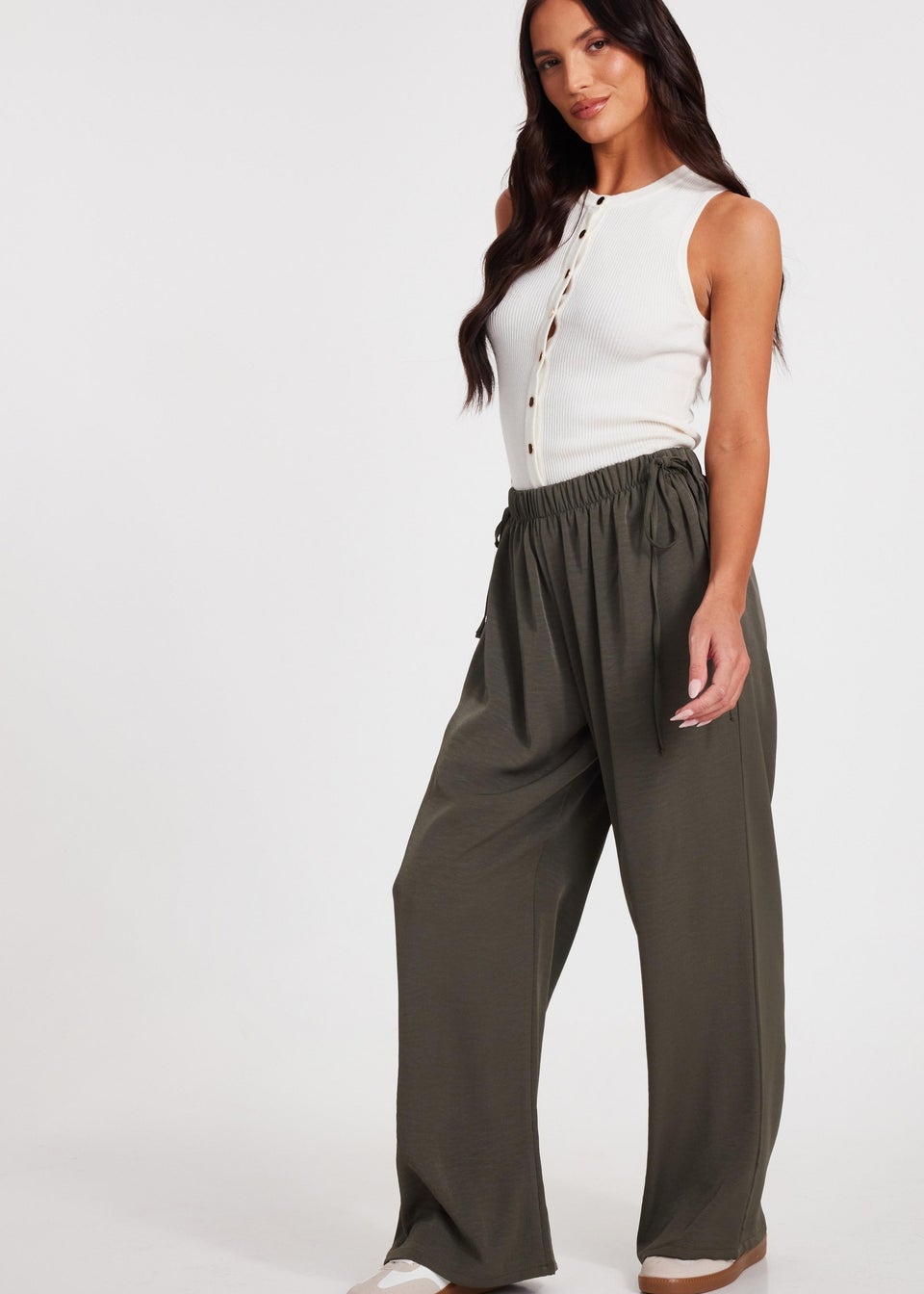Quiz Khaki Tie Waist Palazzo Trousers