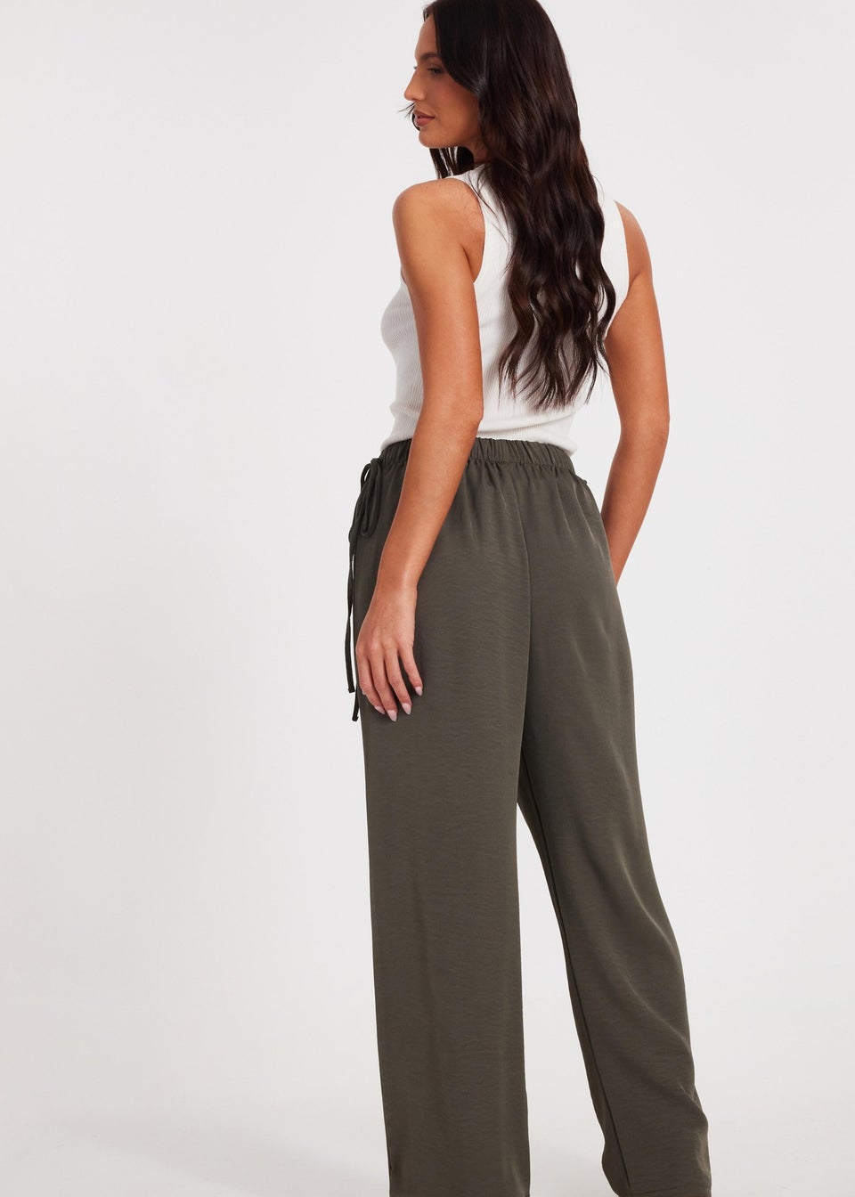 Quiz Khaki Tie Waist Palazzo Trousers