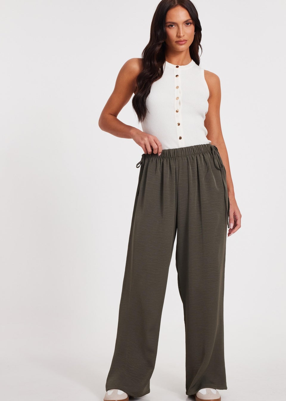 Quiz Khaki Tie Waist Palazzo Trousers