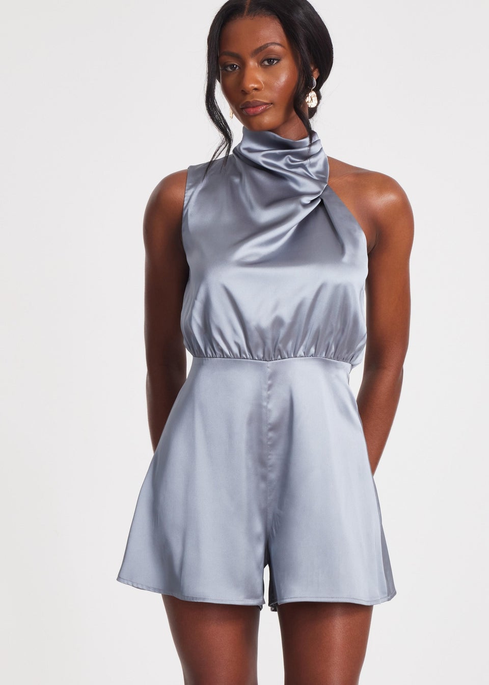 Quiz Grey Satin Asymmetric Playsuit