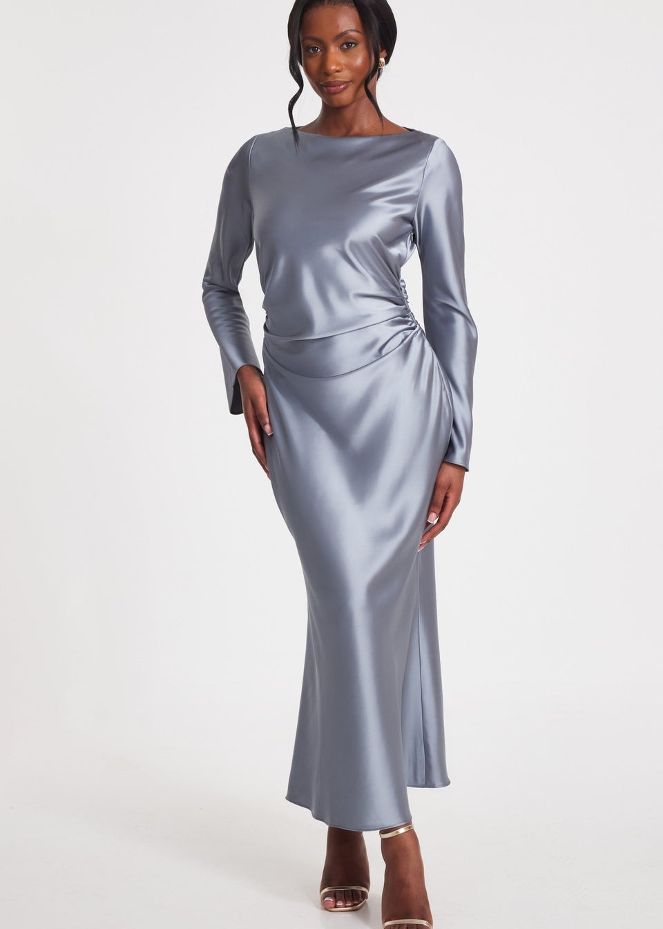 Quiz Grey Satin Ruched Side Midaxi Dress
