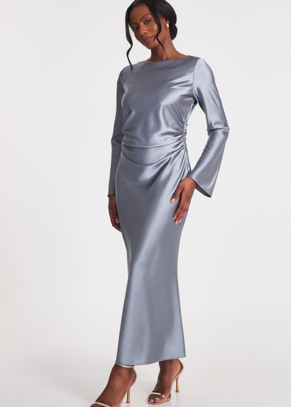 Quiz Grey Satin Ruched Side Midaxi Dress