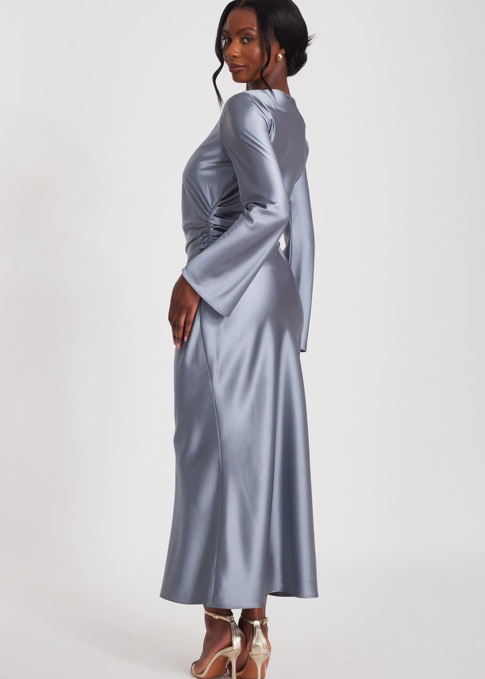 Quiz Grey Satin Ruched Side Midaxi Dress