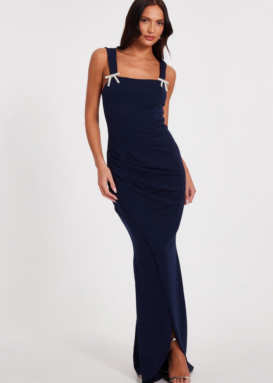 Quiz Navy Diamante Bow Maxi Dress