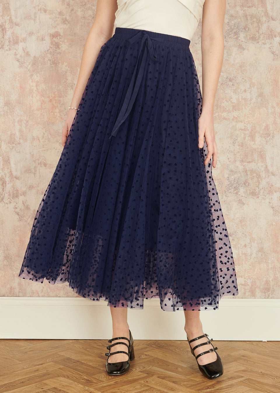 Yumi Navy Mesh Heart Print Tulle Skirt