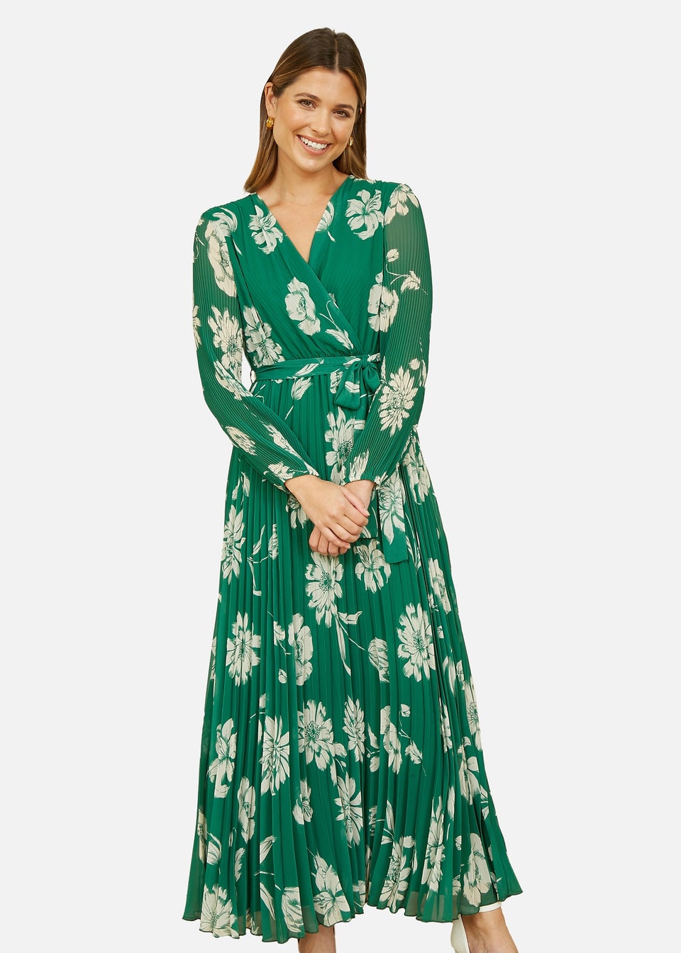 Yumi Green Floral Pleated Midi Wrap Long Sleeve Dress