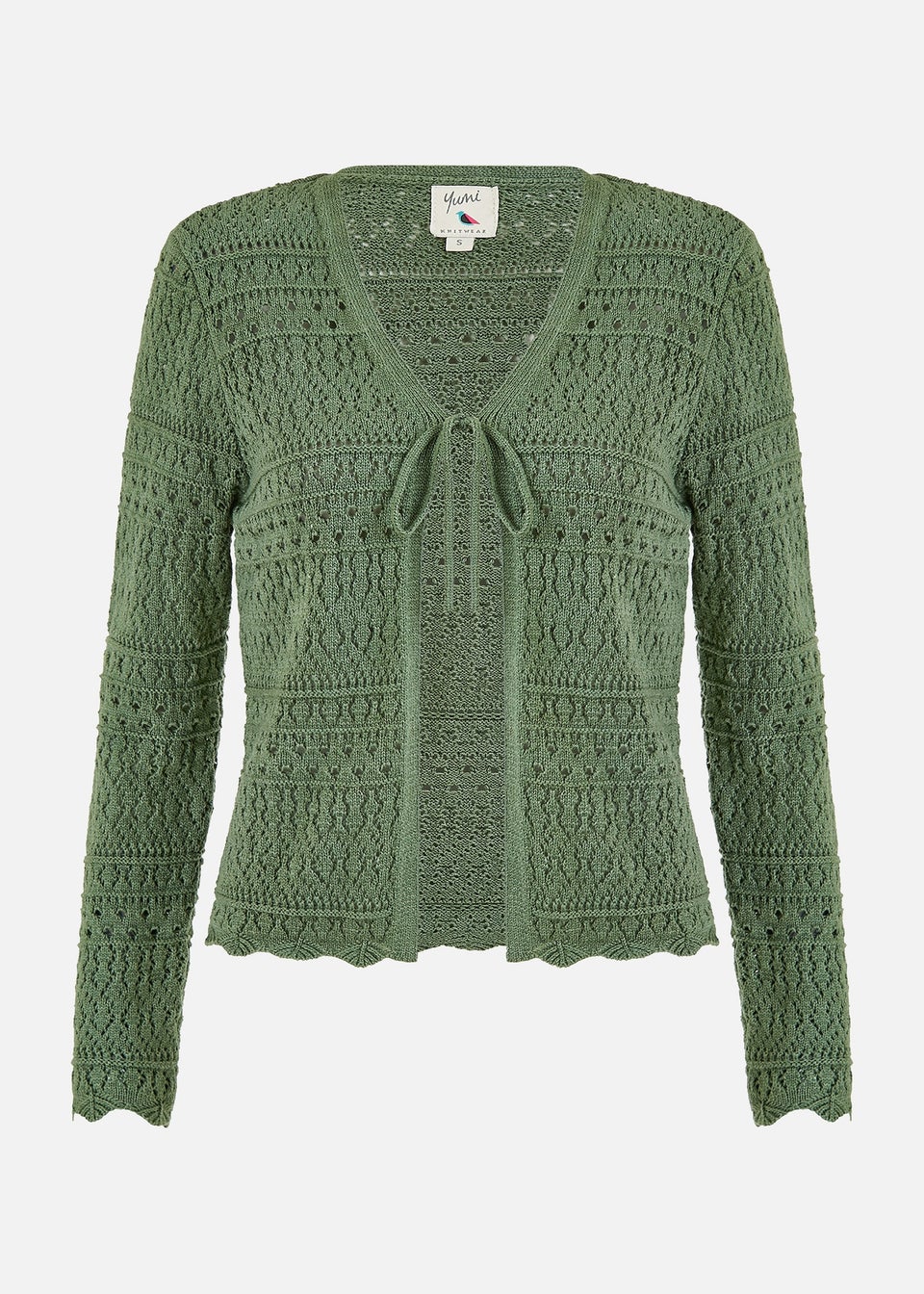 Yumi Green Crochet Tie Front Cardigan