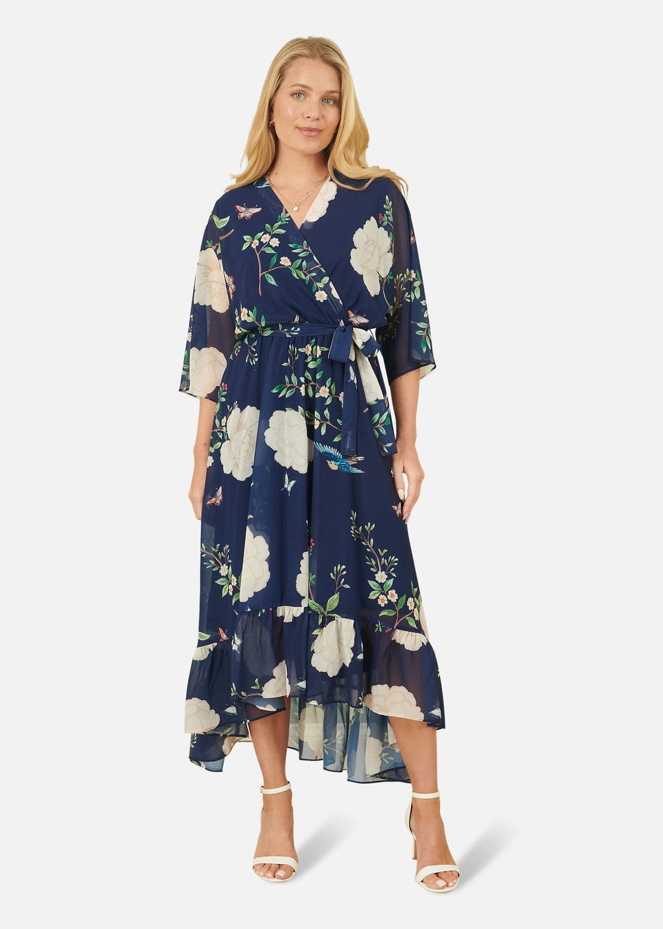 Yumi Navy Bird & Floral Print Midi Wrap Dress