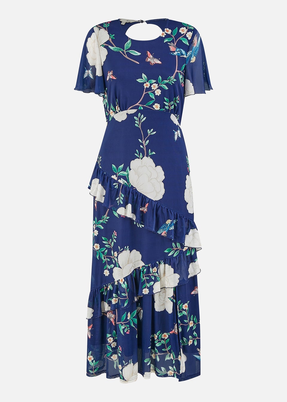 Yumi Navy Mesh Bird & Floral Print Midi Dress With Ruffles