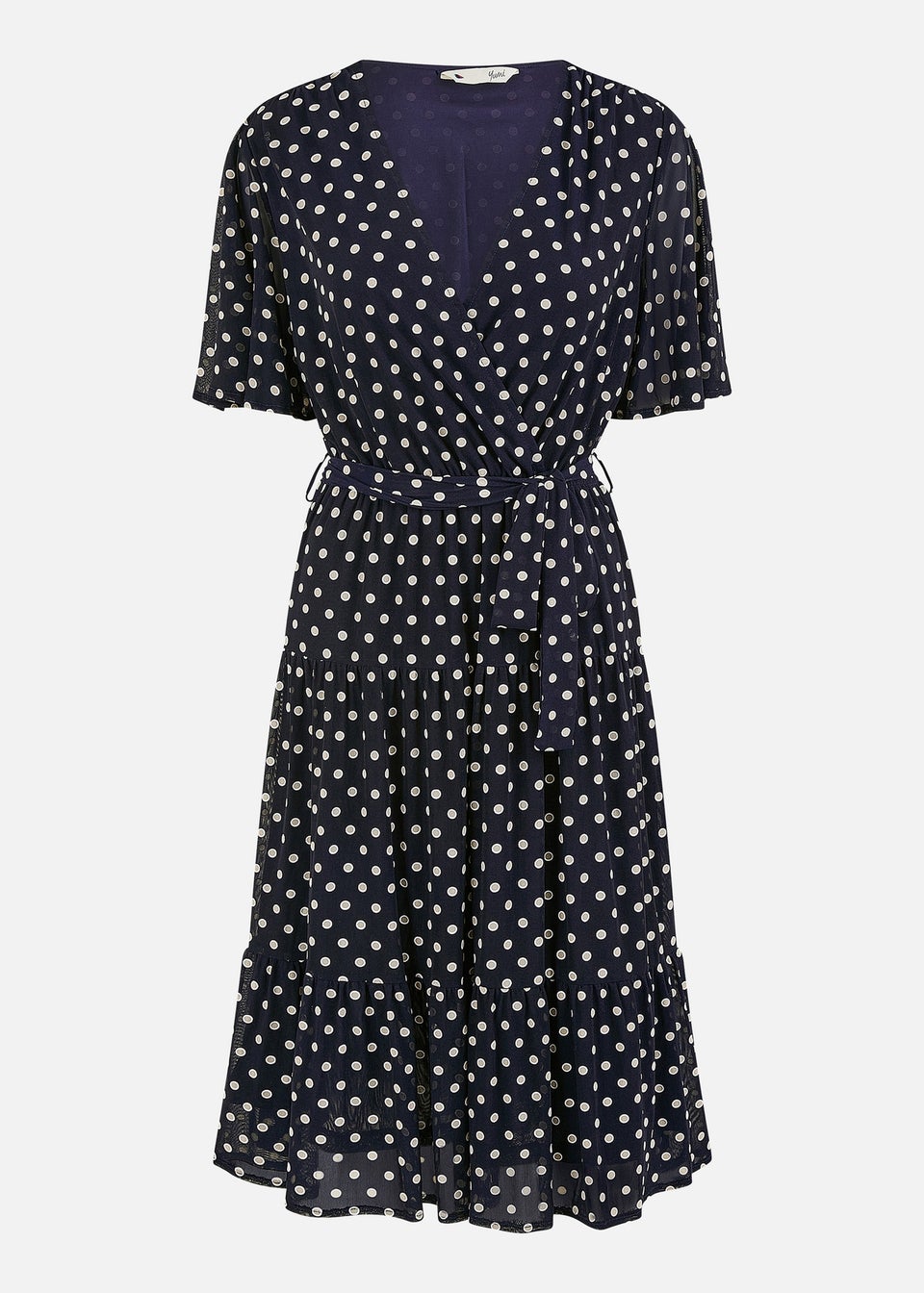 Yumi Navy Dot Print Mesh Stretch Midi Skater Dress