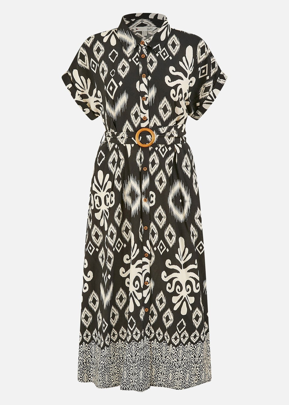 Yumi Black Abstract Geo Print Relaxed Midi Shirt Dress With Belt