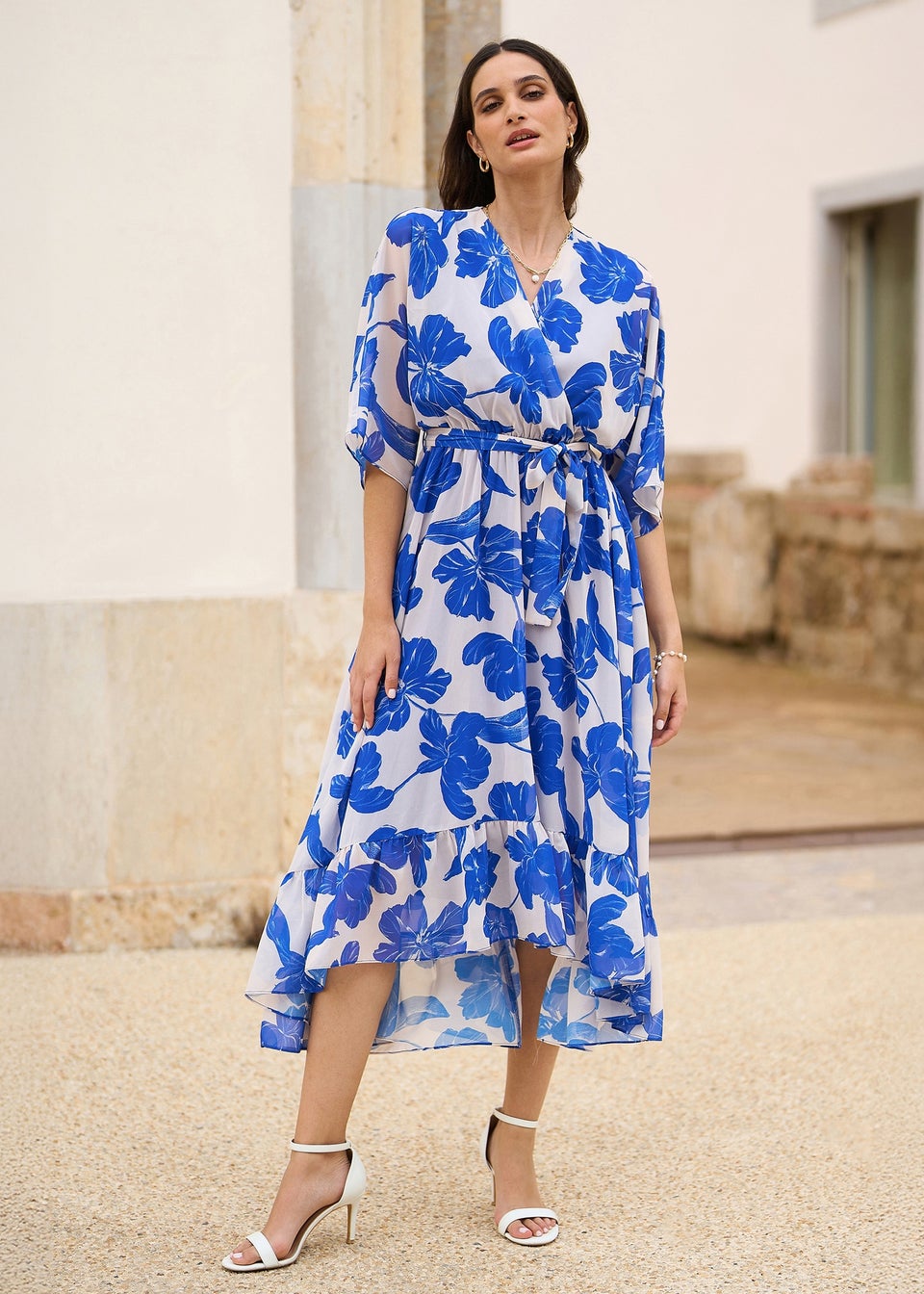 Yumi Navy Kimono Sleeves Midi Dip Hem Wrap Midi Dress