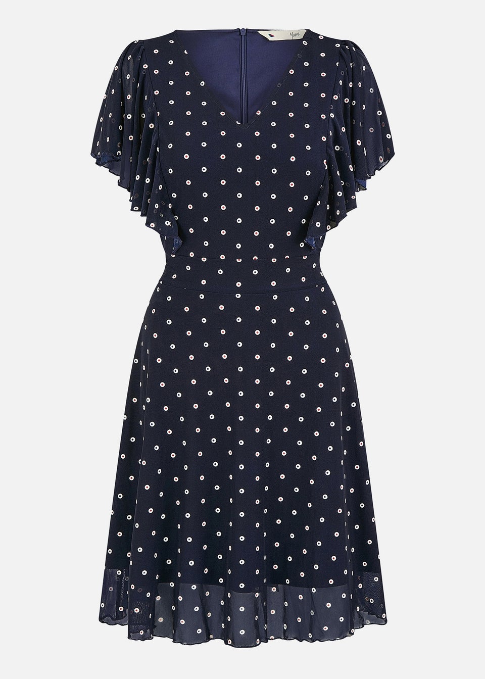 Yumi Navy Polka Dot Skater Dress With Ruffle Sleeves