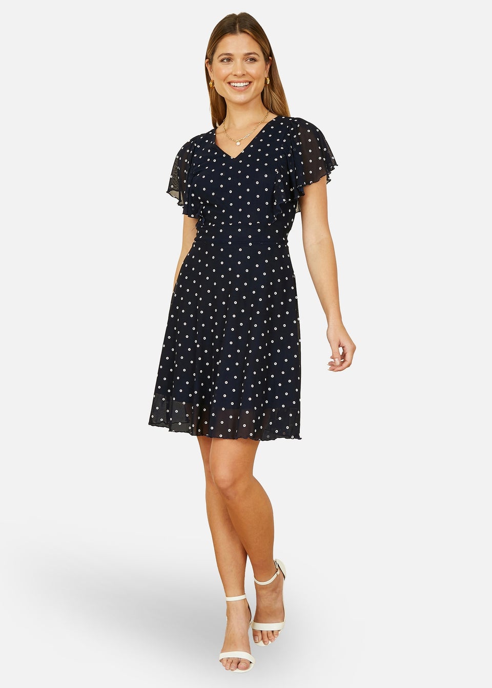 Yumi Navy Polka Dot Skater Dress With Ruffle Sleeves