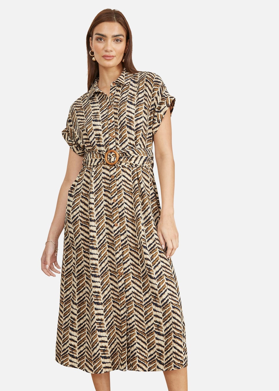 Yumi Brown Abstract Animal Print Relaxed Midi Shirt Dress With Belt
