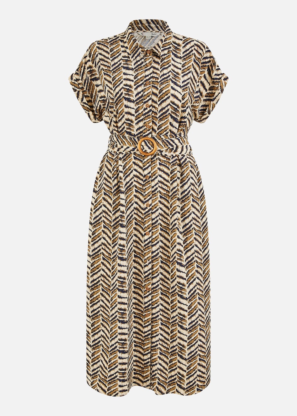 Yumi Brown Abstract Animal Print Relaxed Midi Shirt Dress With Belt