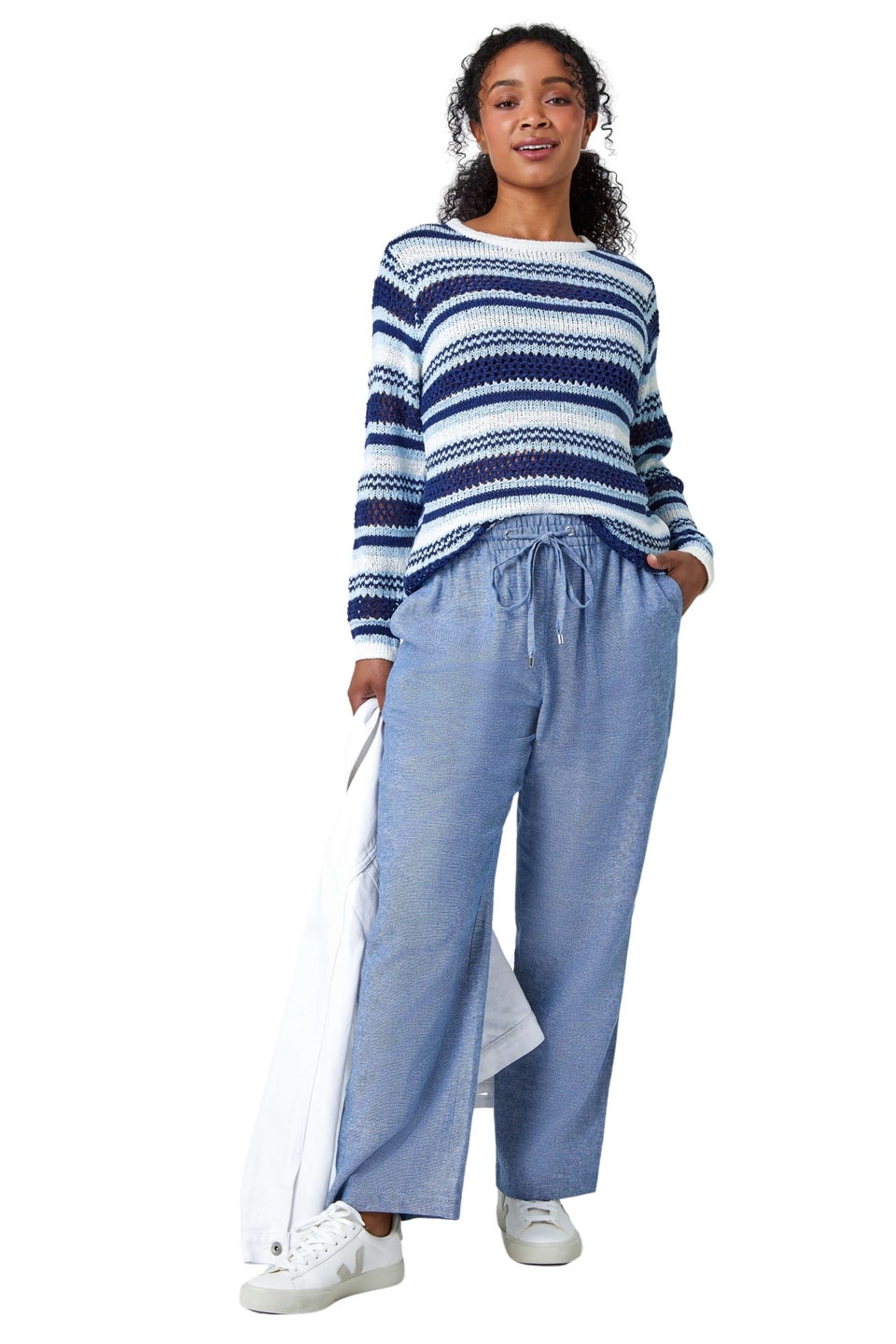 Roman Navy Petite Stripe Print Stretch Knit Jumper