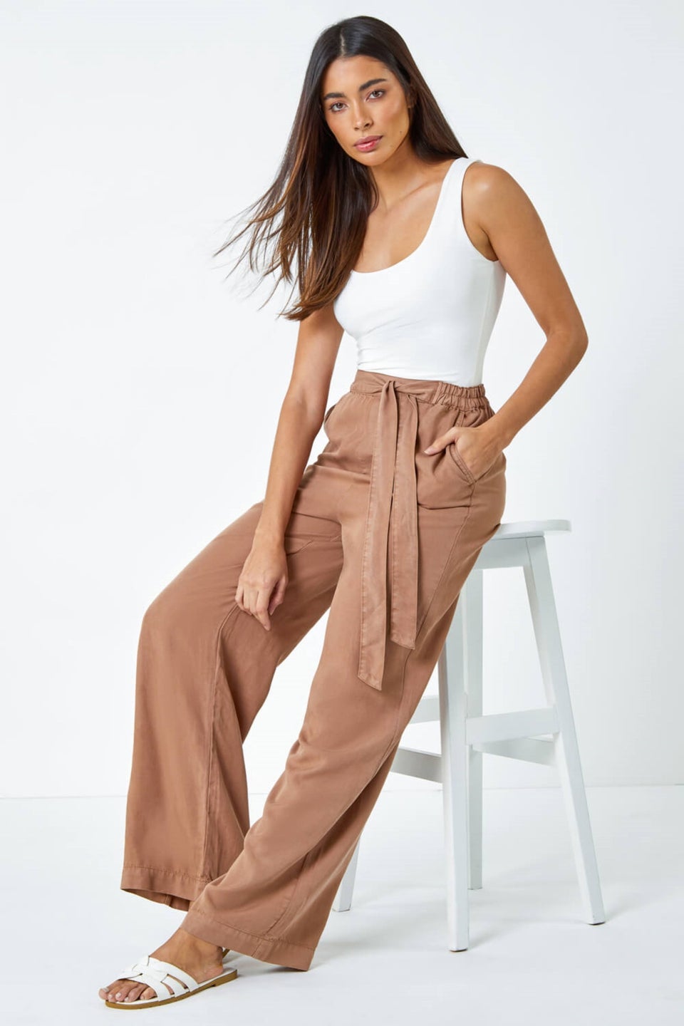 Roman Tan Elastic Tie Waist Wide Leg Trousers