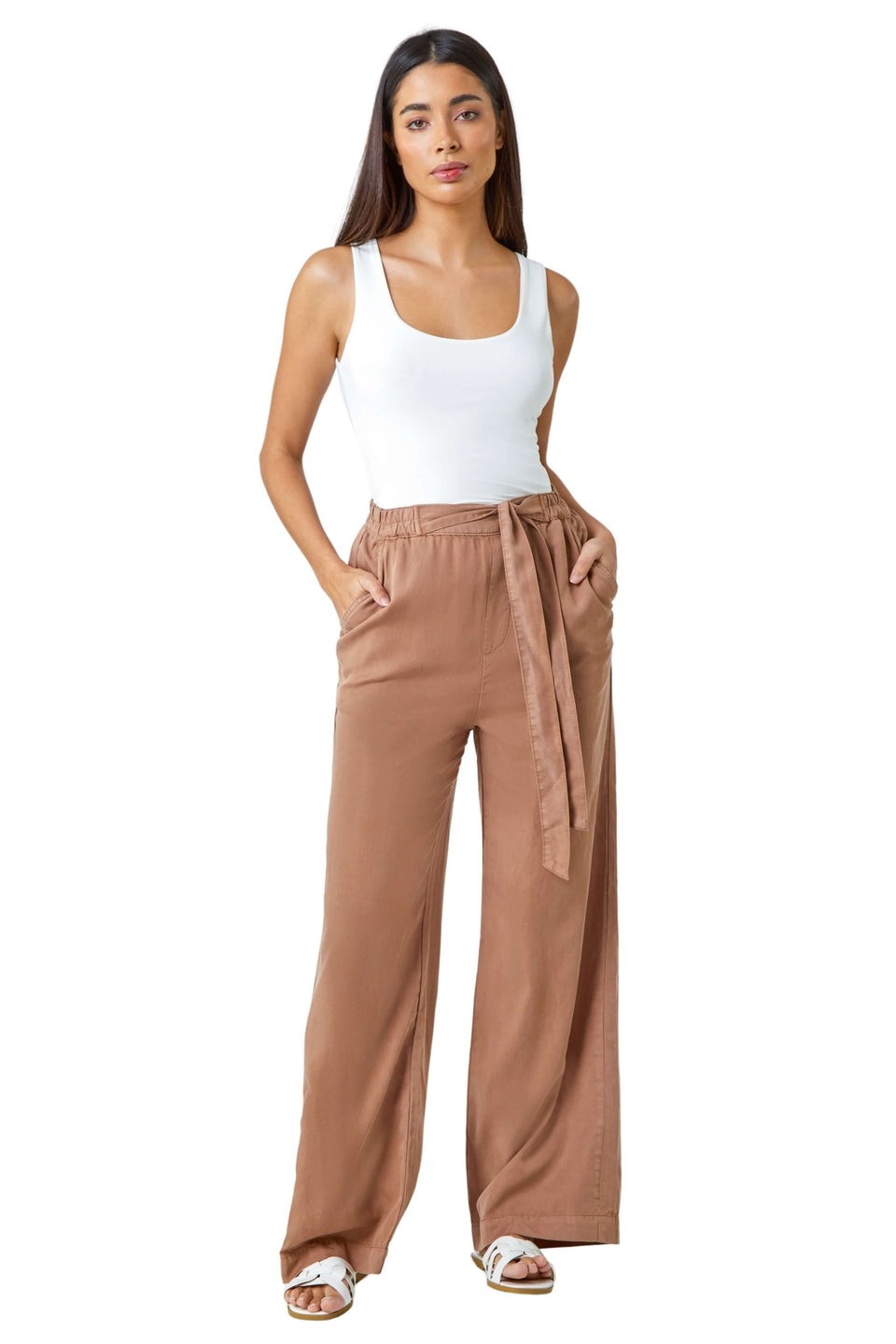 Roman Tan Elastic Tie Waist Wide Leg Trousers