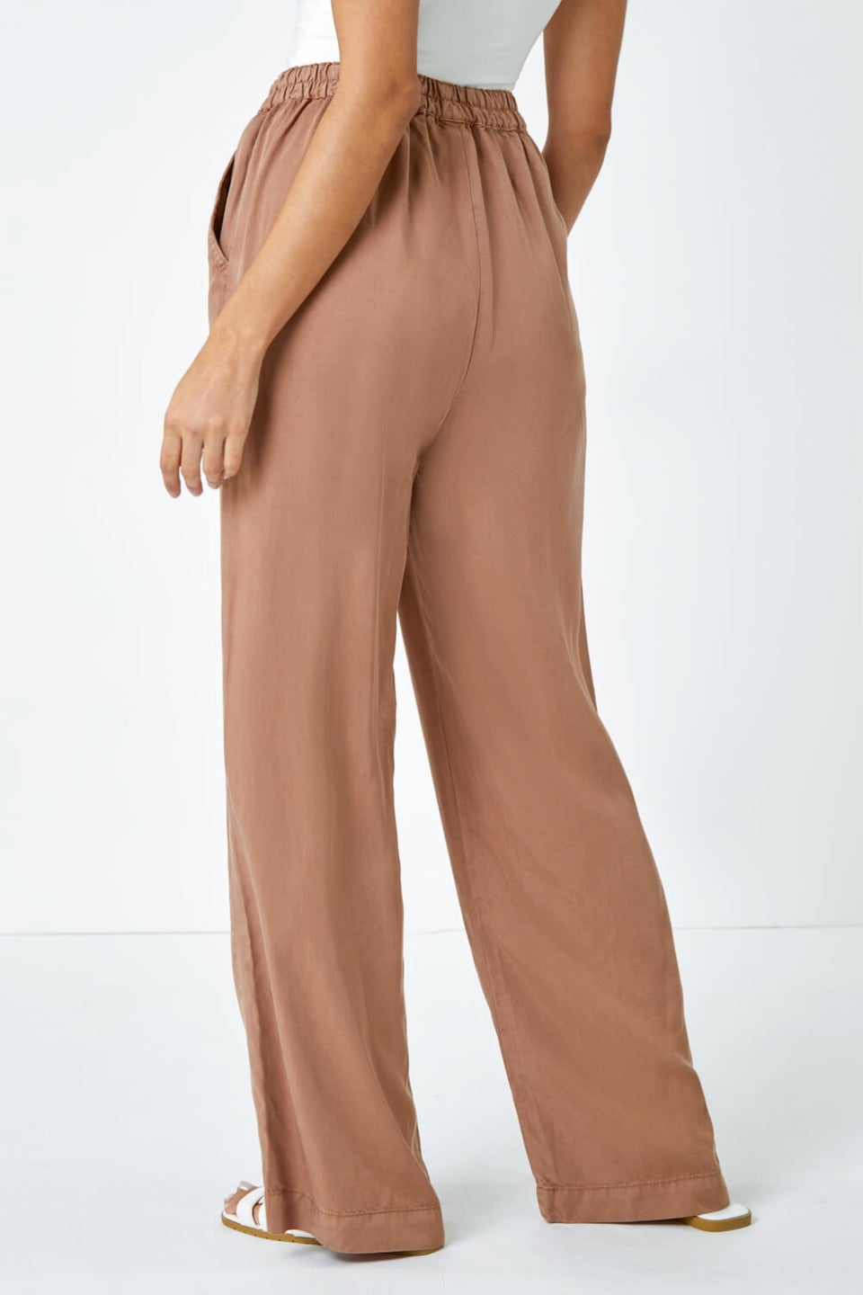 Roman Tan Elastic Tie Waist Wide Leg Trousers