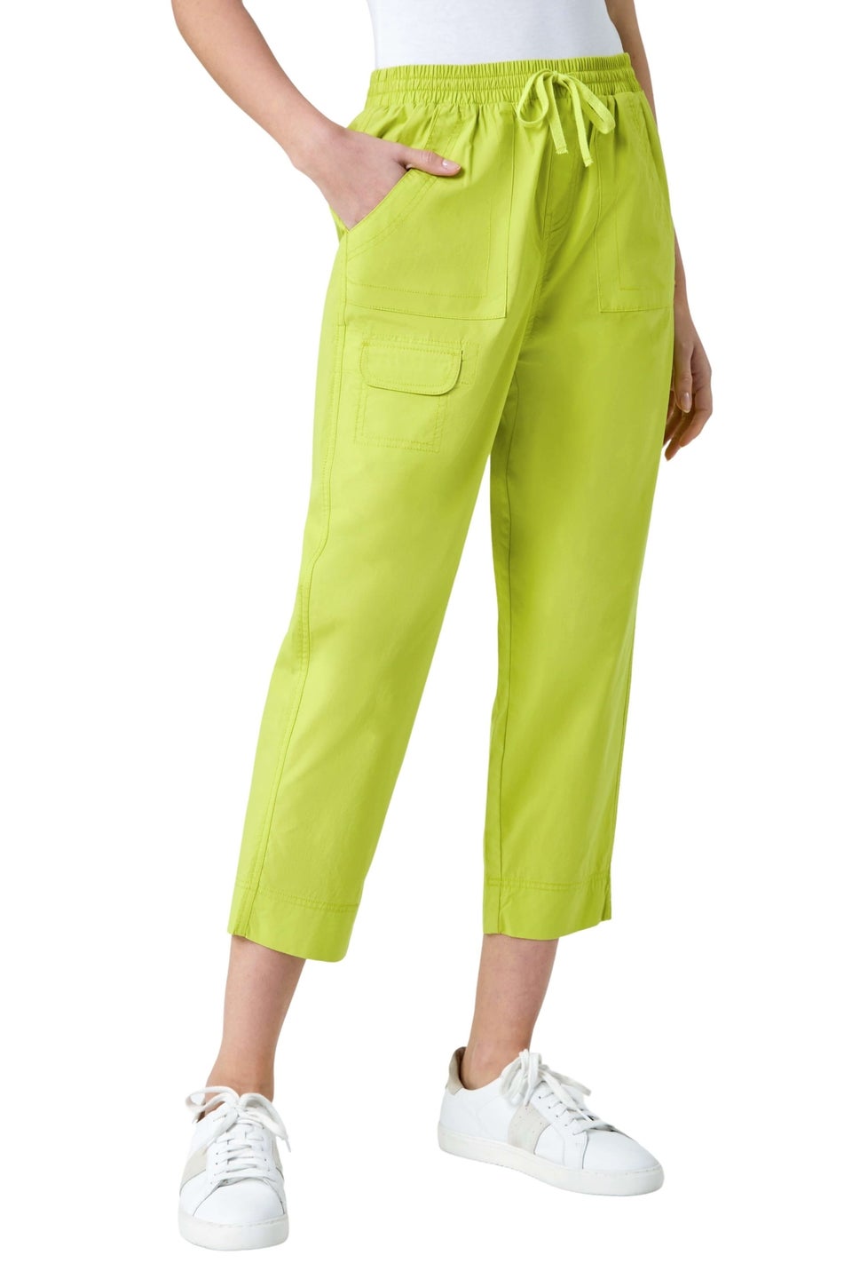 Roman Lime Cotton Elastic Waist Cropped Cargo Trousers