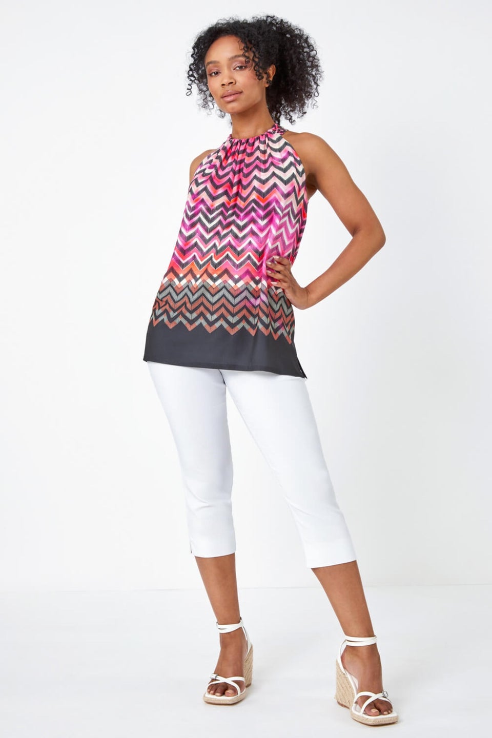 Roman Pink Petite Zig Zag Print Halterneck Top