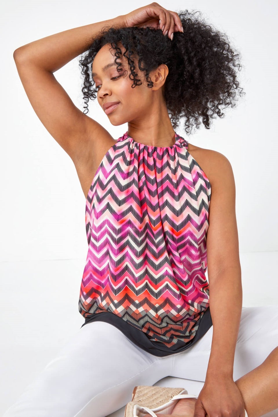 Roman Pink Petite Zig Zag Print Halterneck Top