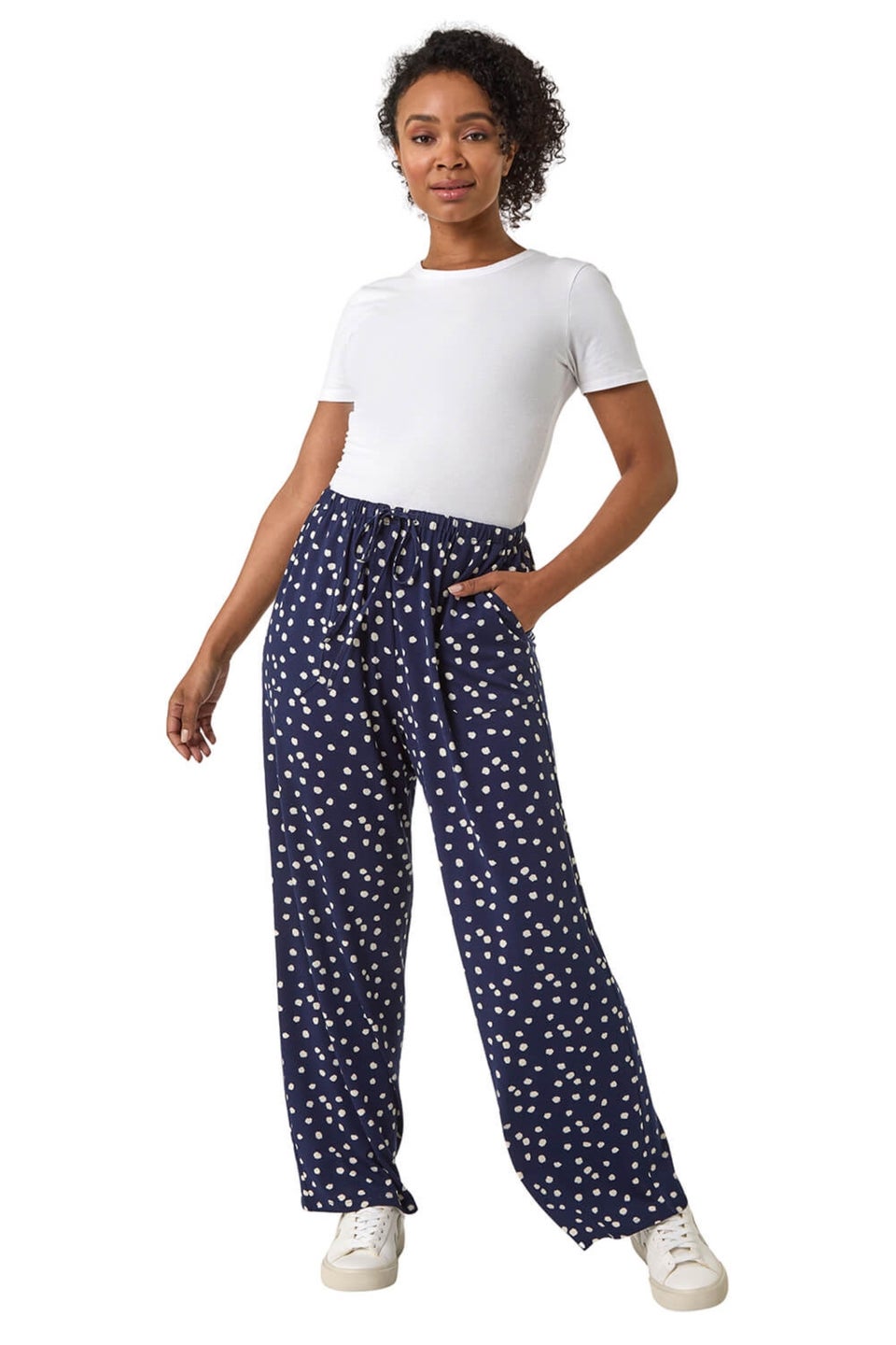 Roman Navy Petite Spot Print Wide Leg Stretch Trouser