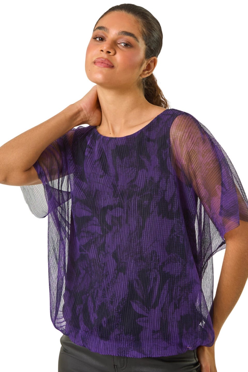 Roman Indigo Floral Plisse Bubble Hem Top