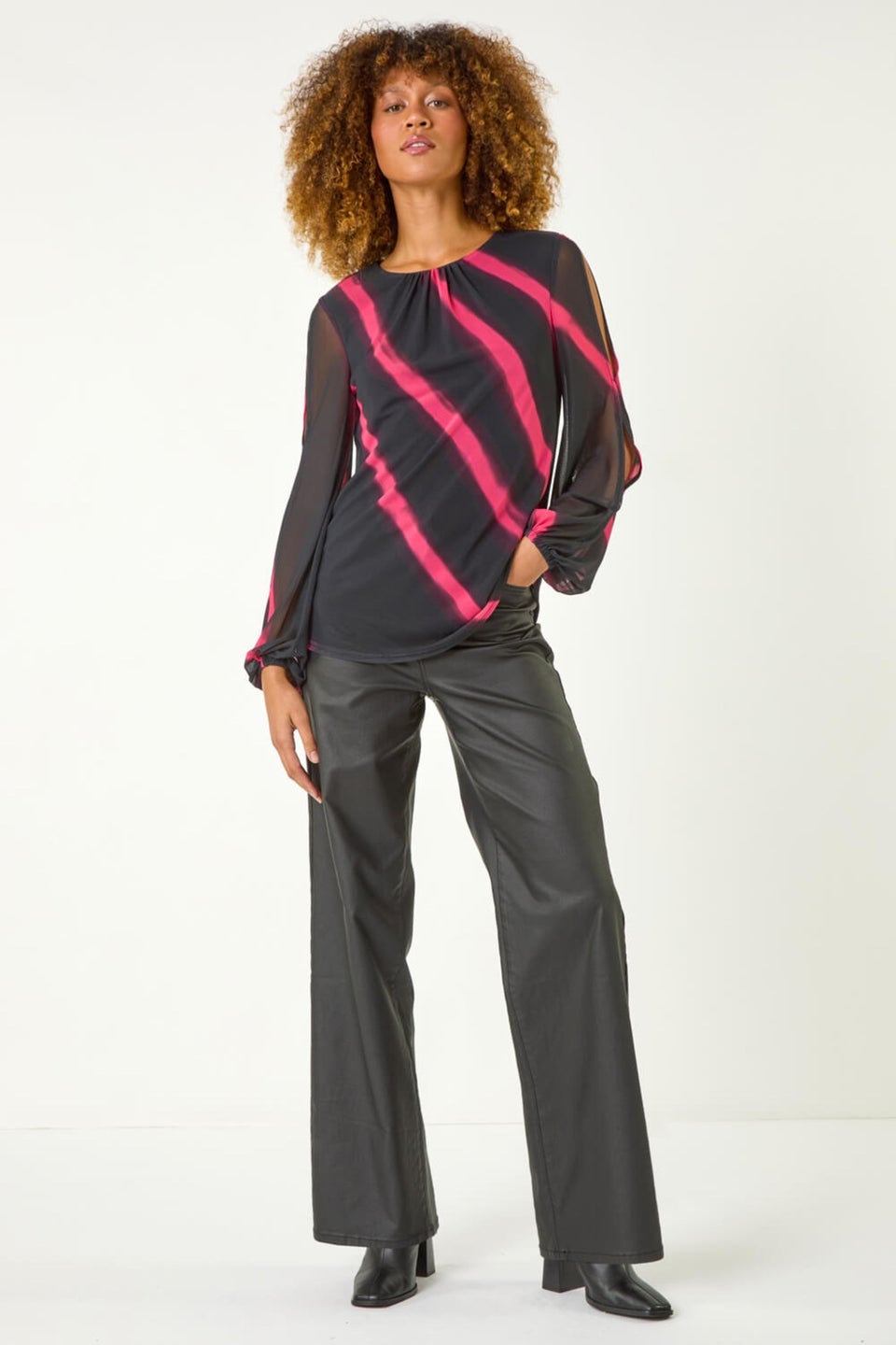Roman Red Stripe Print Mesh Overlay Top