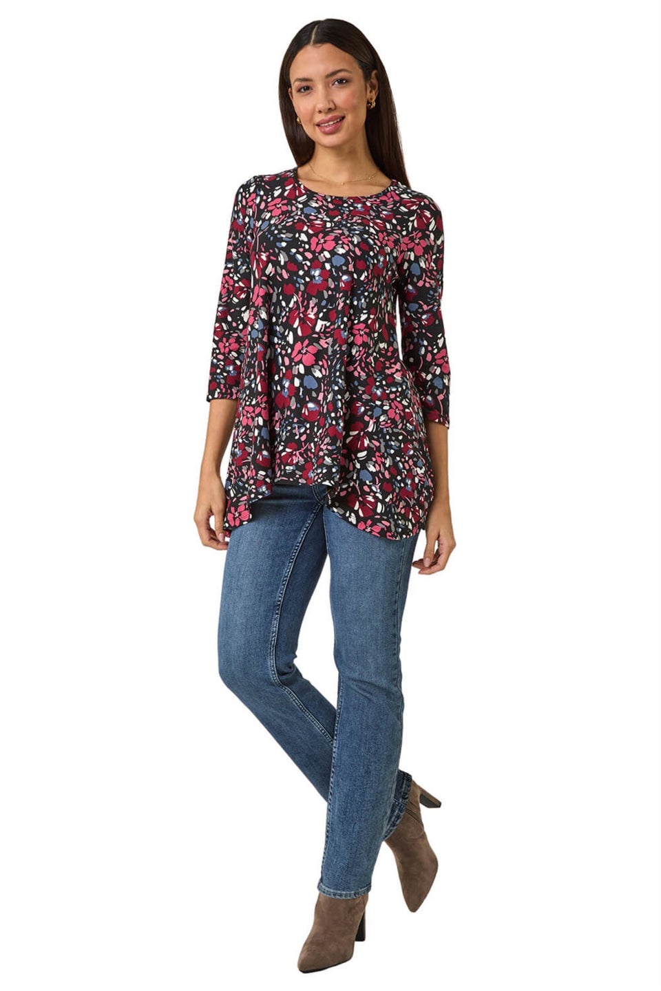 Roman Pink Floral Print Swing Stretch Tunic Top