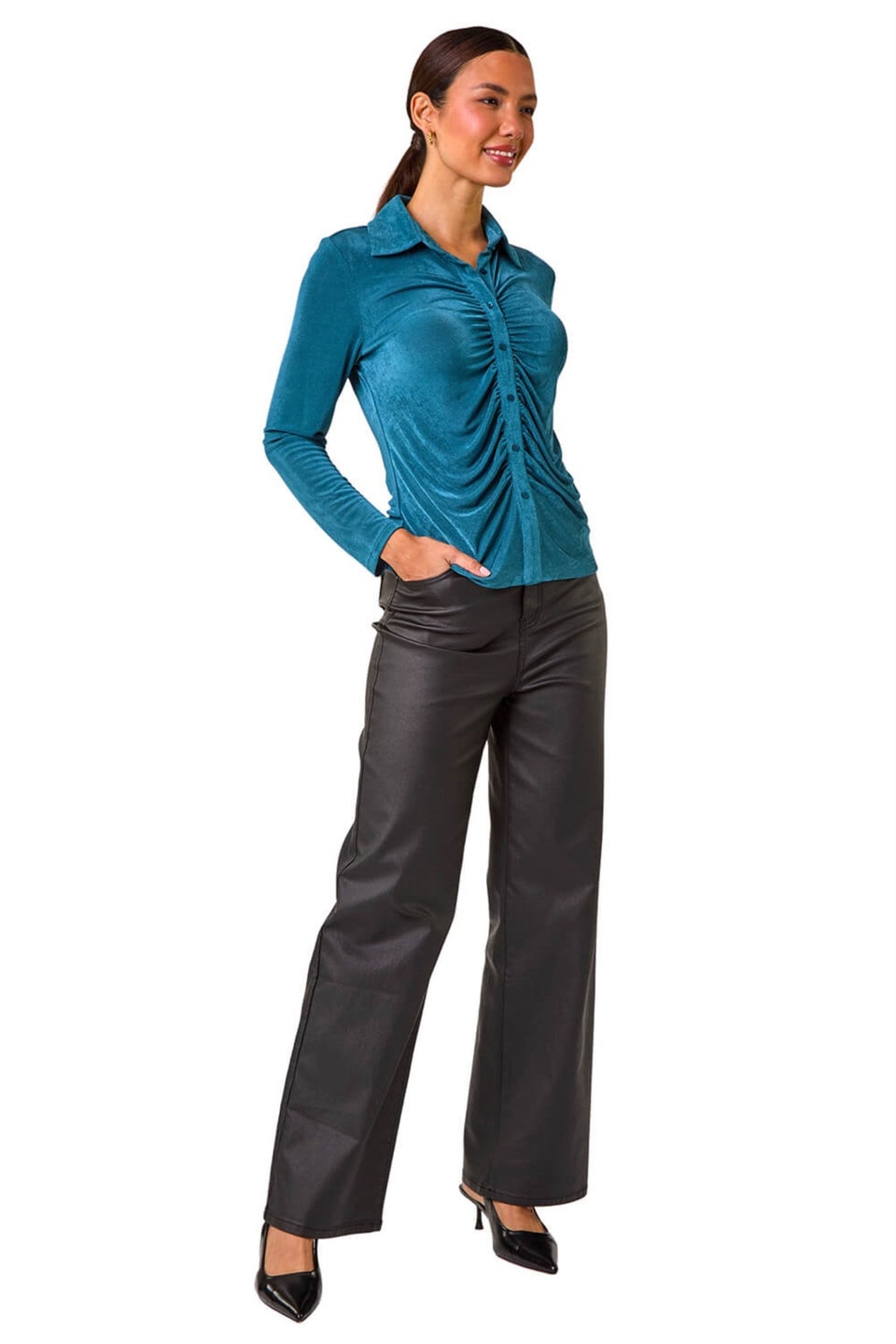 Roman Teal Mock Buttoned Collared Stretch Shirt