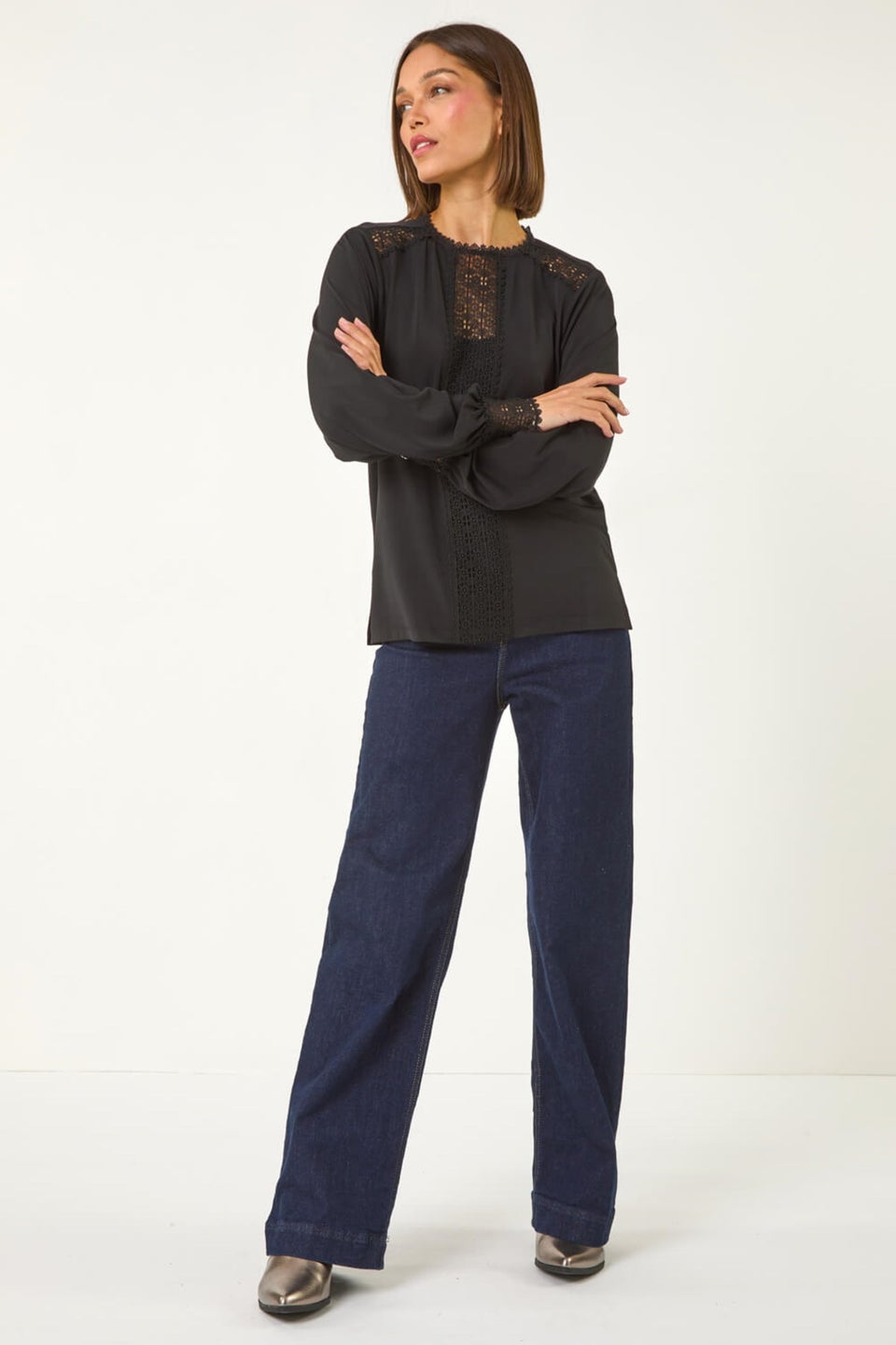 Roman Black Lace Trim Detail Stretch Top