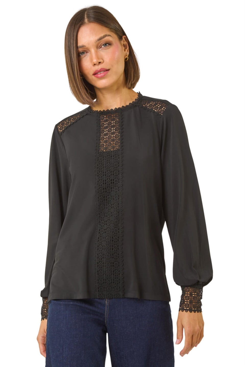 Roman Black Lace Trim Detail Stretch Top