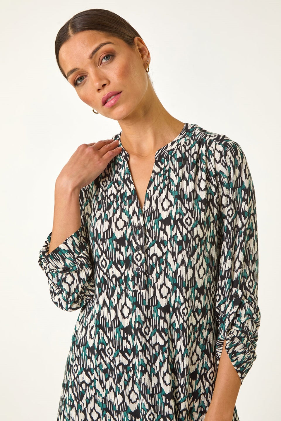 Roman Teal Aztec Print V-Neck Stretch Blouse