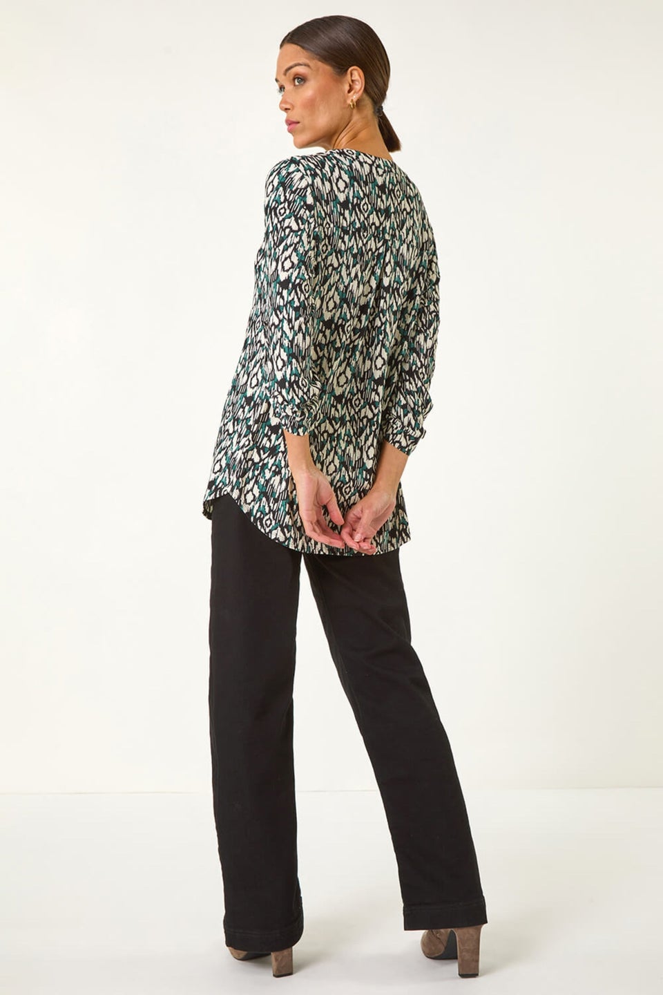 Roman Teal Aztec Print V-Neck Stretch Blouse