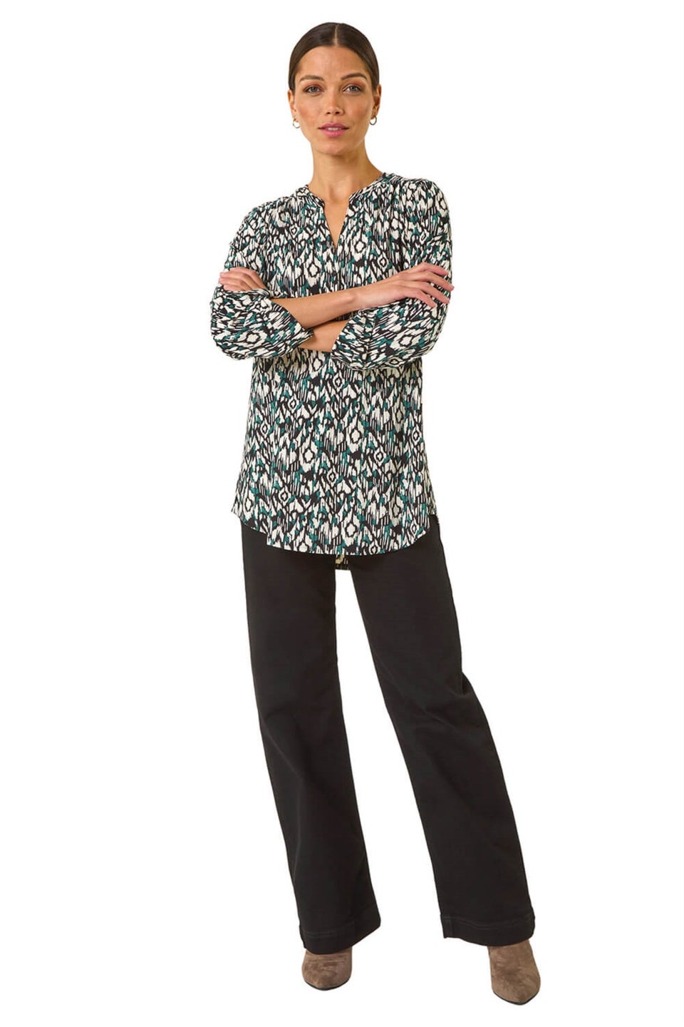 Roman Teal Aztec Print V-Neck Stretch Blouse